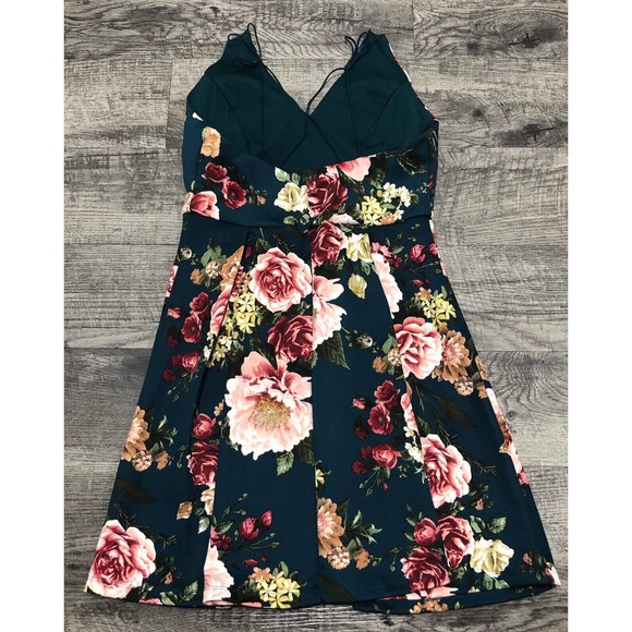 Fifty Street Green Pink Sz L Floral Dress Sleeveless Skater Mini Flare Small C52 - Picture 3 of 7